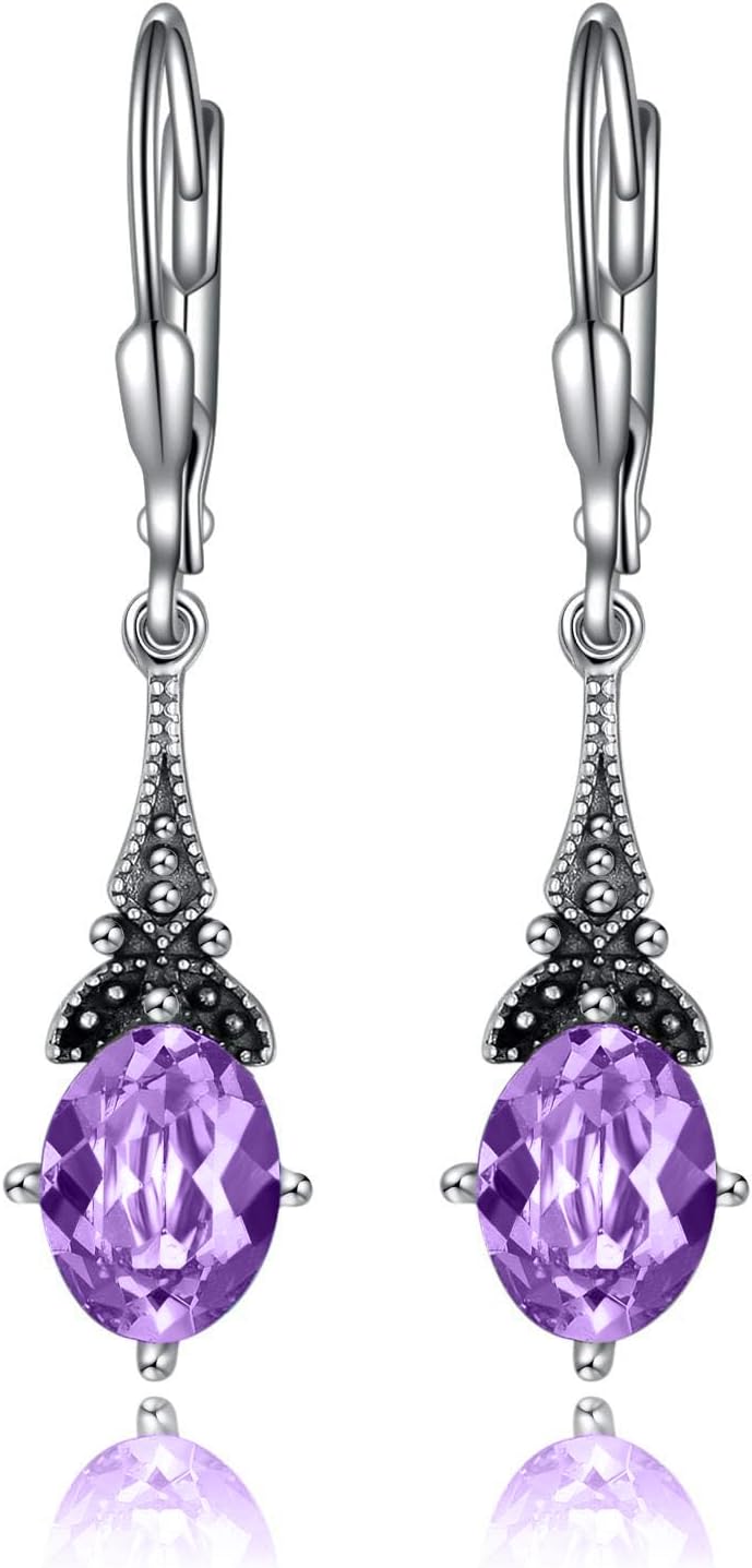 AOBOCO Vintage Earrings for Women Sterling Silver Retro Drop Dangle Leverback Earrings with 8x6mm Oval Genuine or Simulated Birthstone Crystal from Austria, Anniversary Jewelry Gifts for Her (Gift Box)