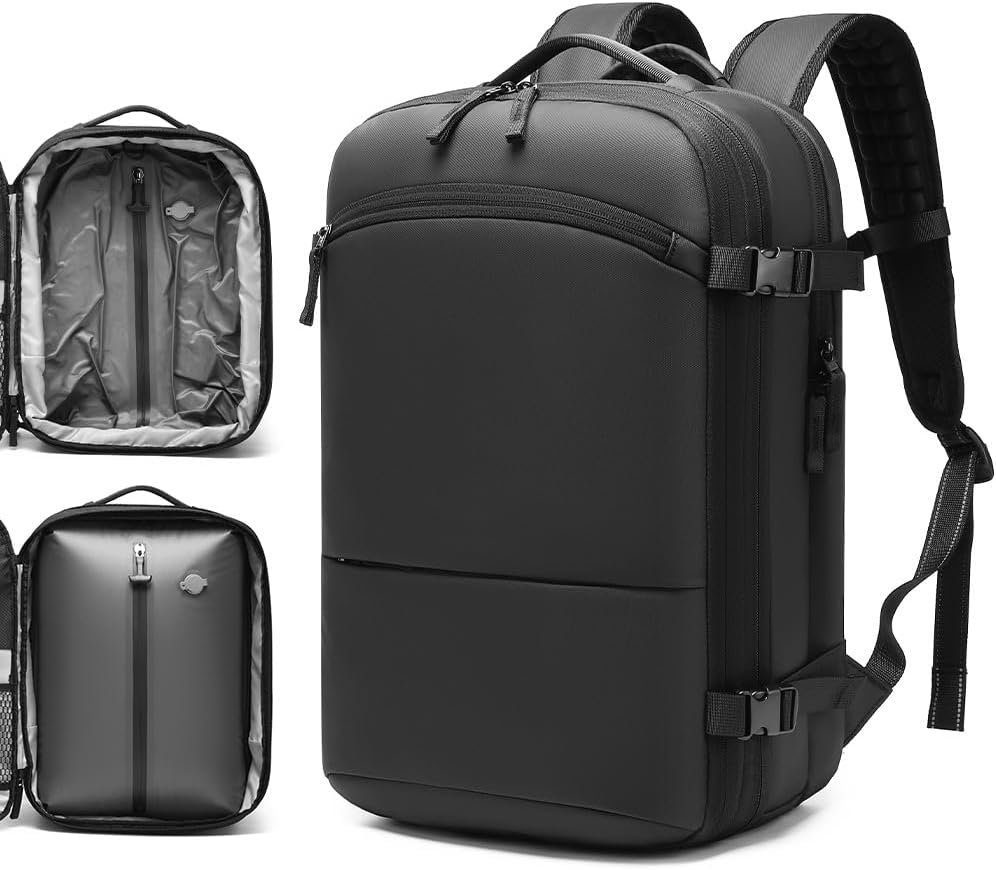 Vacuum Seal Travel Backpack, 35L Expandable, Air Compression, Waterproof, Carry On, 17 Inch Business Laptop Backpack for Women & Men, Black