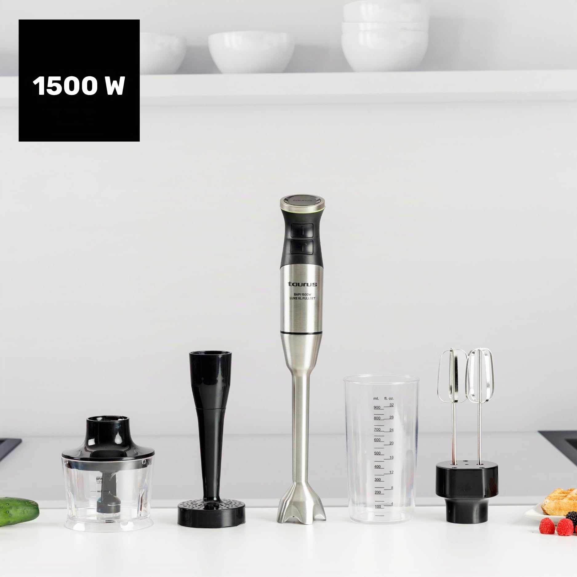 Taurus Bapi 1500 Luxe XL – Batidora de mano profesional de 1500W con varilla XL de acero inoxidable | 20 velocidades + Turbo | Cuchillas doble efecto | Campana antisalpicaduras | Set completo de acces