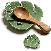 Ceramic Spoon Rest for Kitchen Counter, Leaf Shaped Decorative Utensil Holder, Heat Resistant Spoon Tray,for Stovetop and Countertop