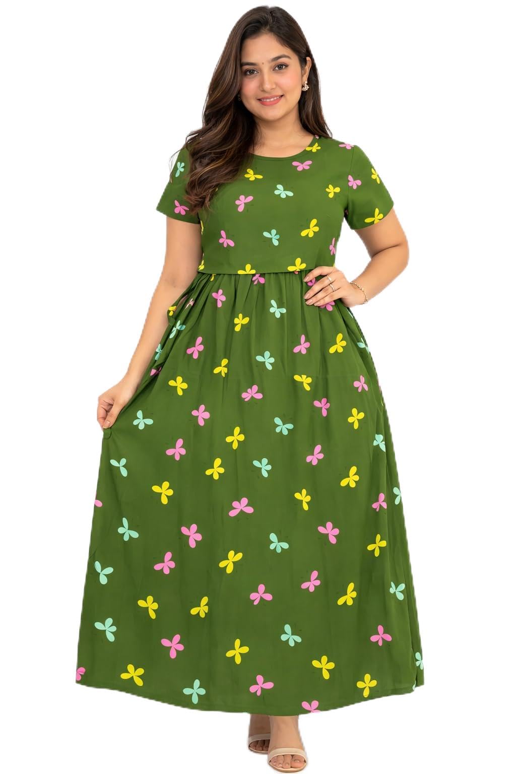 Queen Wear Women Maternity & Feeding Nighty Maxi Dress | Green Butterfly Print Nursing Night Gown | Puff Sleeve | Back Rope Tie | Right Side Pocket | Pull-On Feeding Pregnancy Nightwear XL-image-5