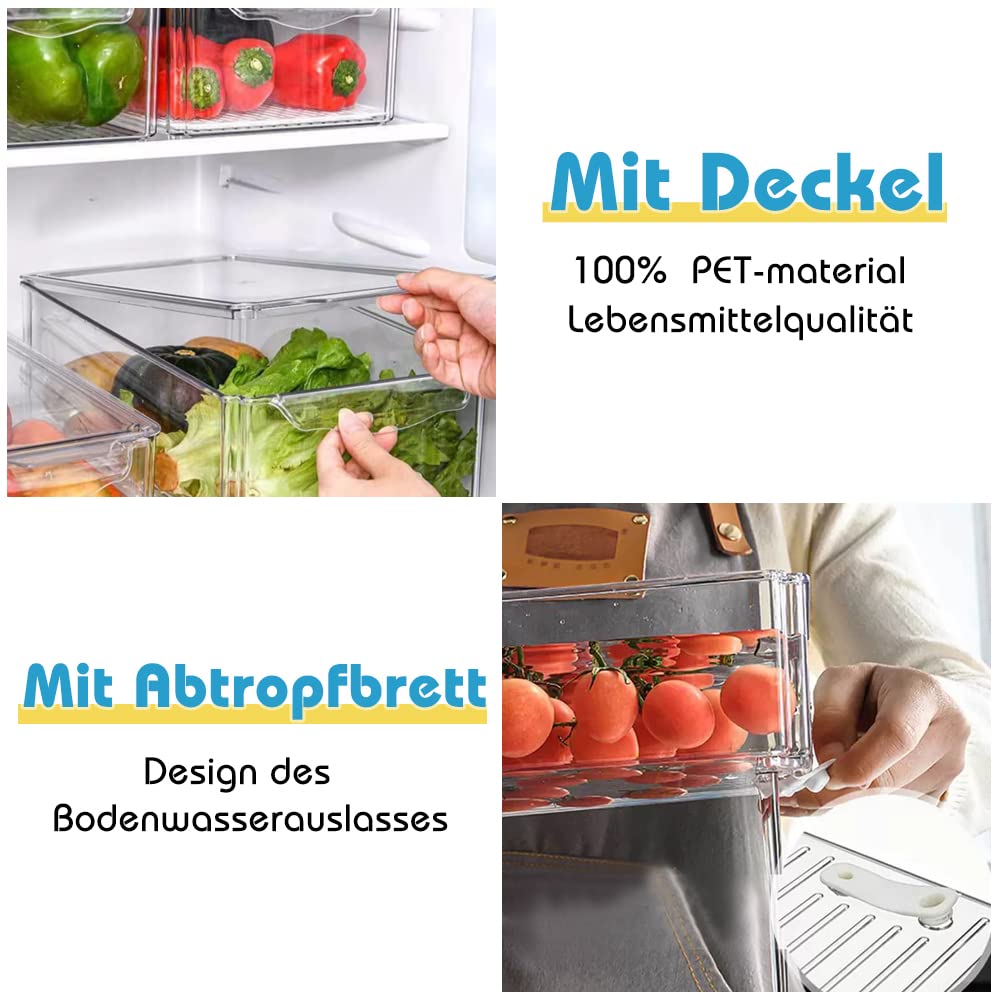 14er Set 10 Kühlschrank Organizer mit Deckel und 4 Abtropfbrett Durchsichtig Stapelbare Aufbewahrungsbox Kühlschrankbox für Küche behälter Aufbewahrung und Organisation