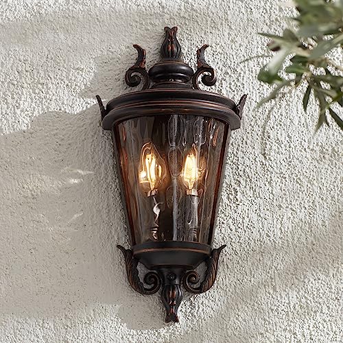 John Timberland Casa Marseille Vintage Outdoor Wall Light Fixture Veranda Bronze 17" Champagne Hammered Glass for Exterior House Porch Patio Outside Deck Garage Yard Front Door Garden Home
