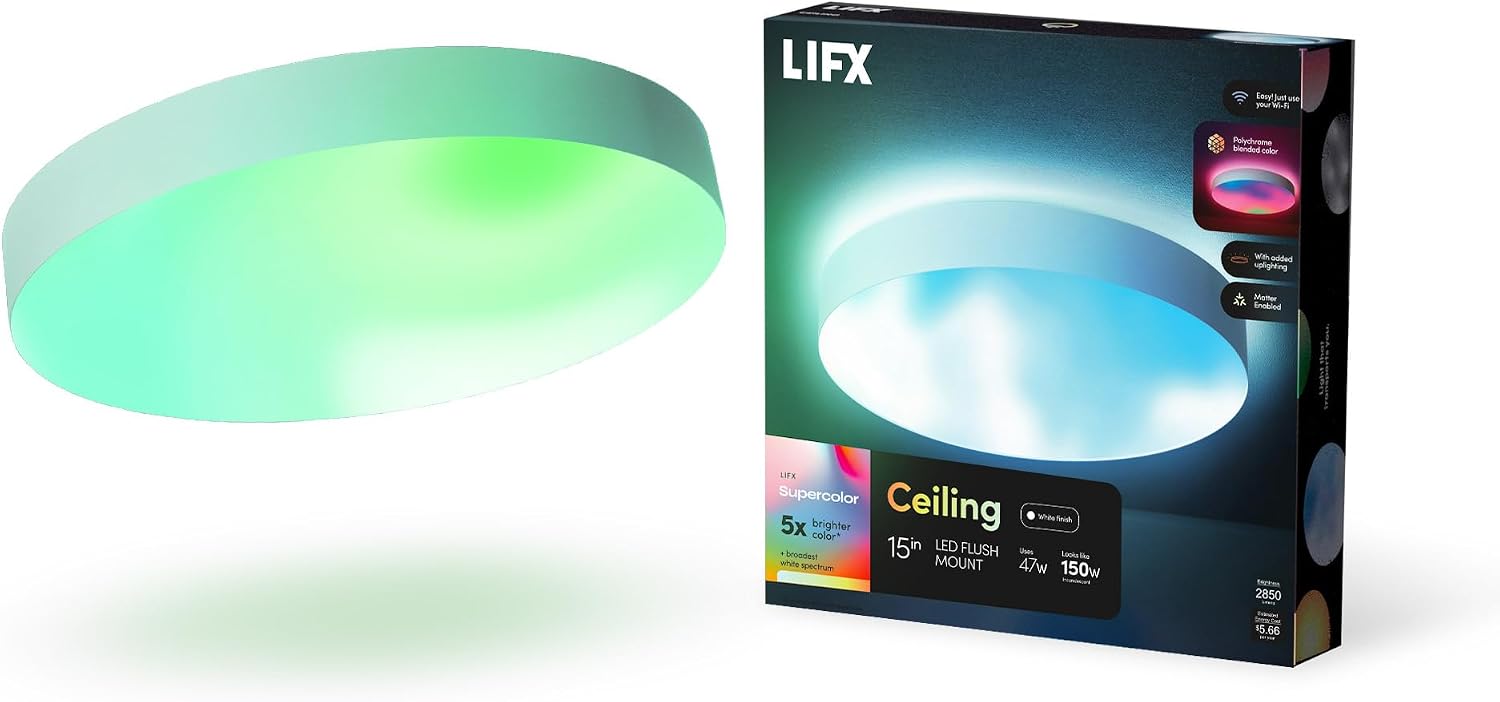 LIFX 15in Smart Ceiling Light, RGB, 2850lm, Matter, Apple Home, White Trim