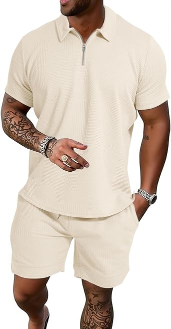 GYMELITE Mens 2 Piece Short Sets Outfits Summer Polo Shirts and Shorts Casual Zip Short Sleeve Fashion Shorts Tracksuit Set