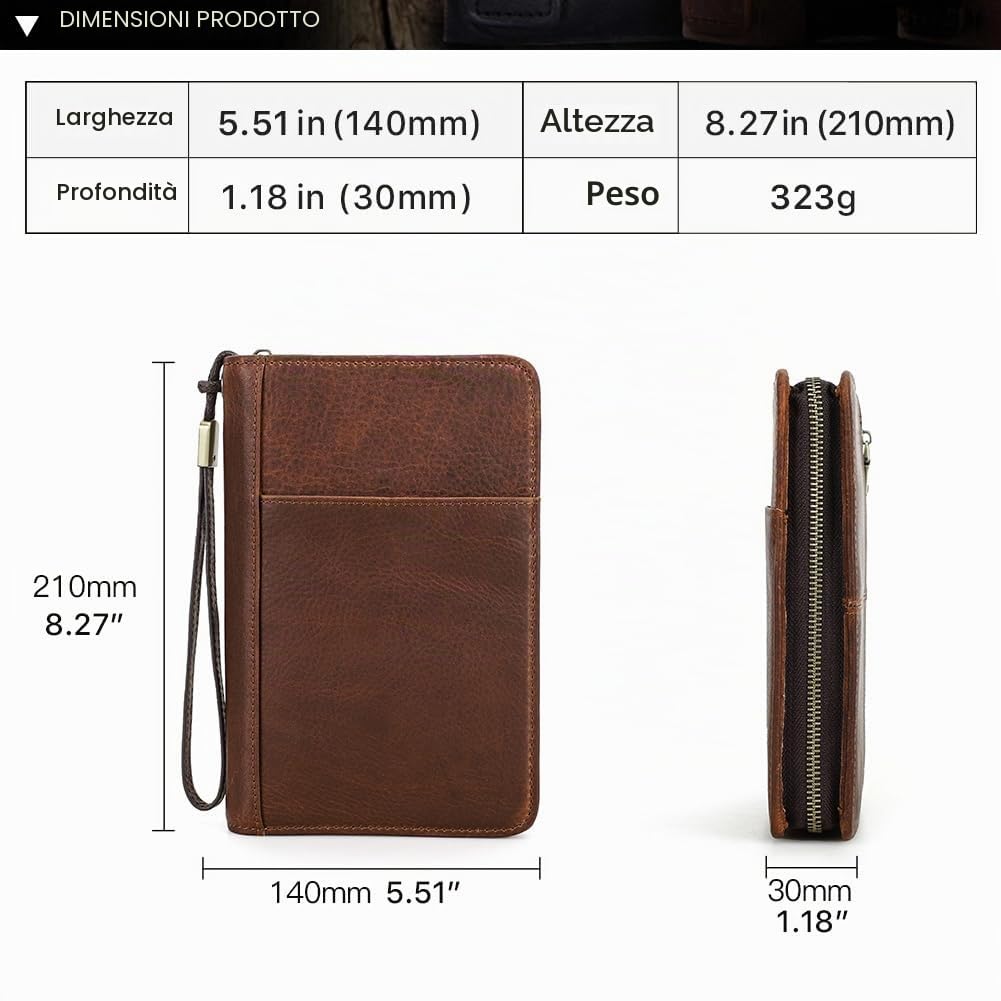 Hiram Custodia da viaggio per sigari, in vera pelle, per 5 sigari, portatile, con tasca per accendino, multifunzione, con scomparto per carte, tasca per cellulare (marrone)