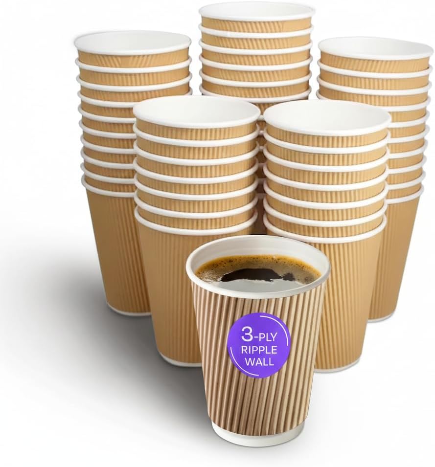 We Can Source It Ltd - 300 x 12oz Kraft Ripple Cups 3-PLY Disposable Insulated Paper Coffee Cups with White SIP Through LIDS - Leak-Proof Durable Paper Cup for Tea, Coffee & Hot Beverages