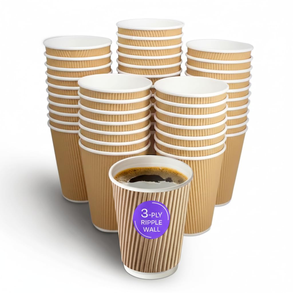 We Can Source It Ltd - 300 x 12oz Kraft Ripple Cups 3-PLY Disposable Insulated Paper Coffee Cups with White SIP Through LIDS - Leak-Proof Durable Paper Cup for Tea, Coffee & Hot Beverages โ image 1