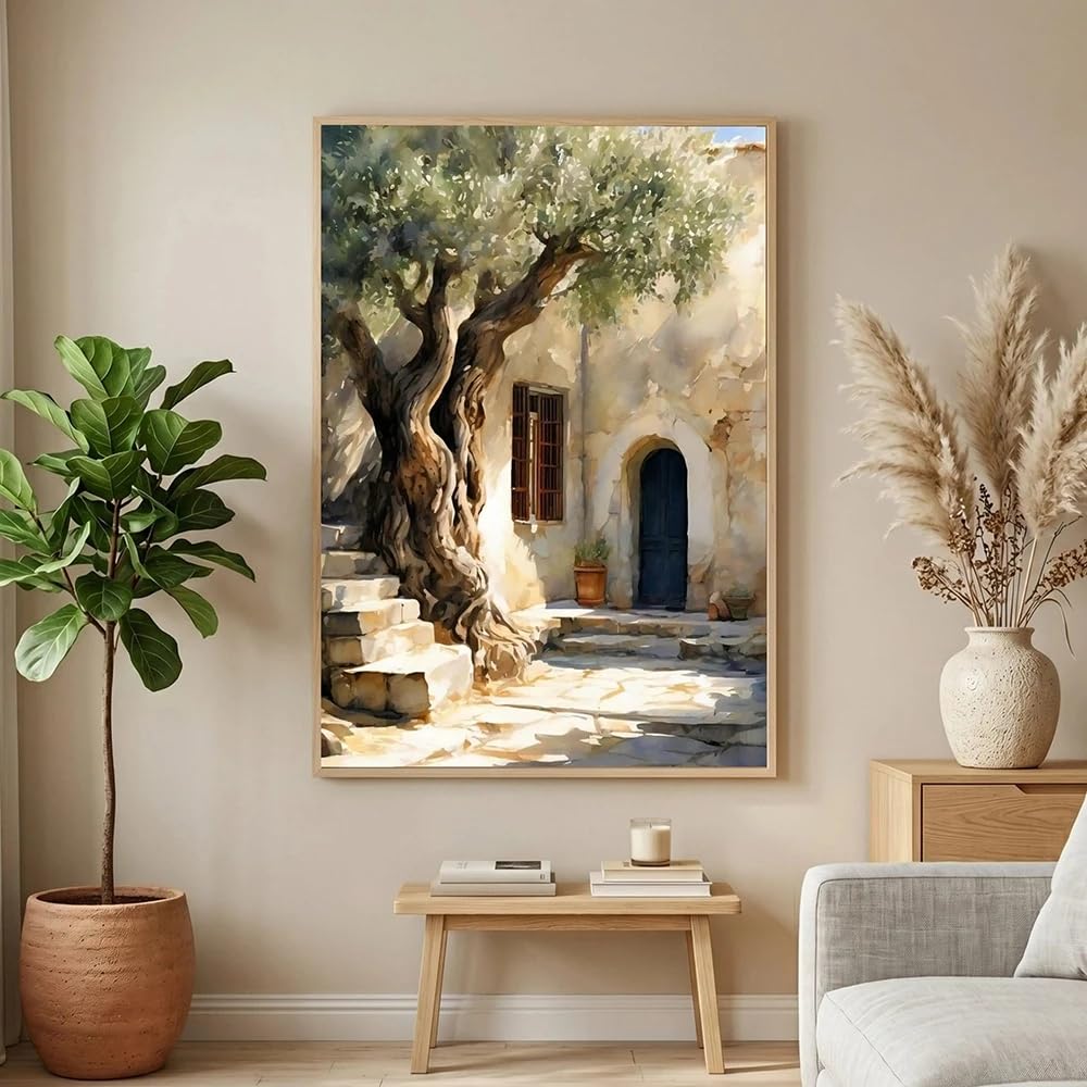 Dittelle Quadro su tela con cortile rustico mediterraneo, albero d'ulivo, scalinata in pietra baciata dal sole, interni vintage, stampa su tela (30x40 cm/cornice interna)