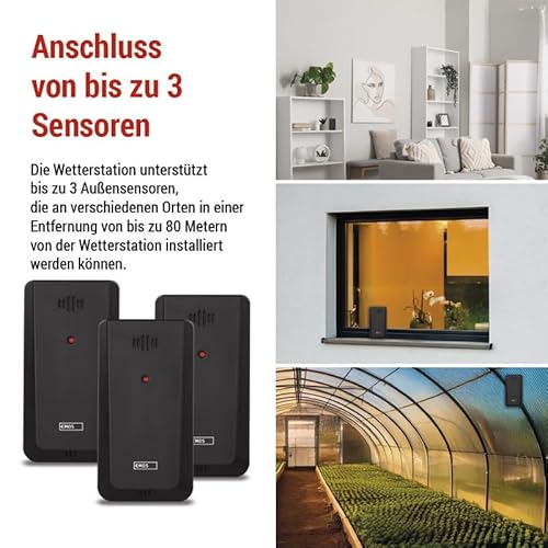 EMOS - Funk-Wetterstation mit 3 Außensensoren und USB-Port - Thermometer, Hygrometer, Barometer, Vorhersage, Memory - Funkuhr mit Wecker, Kalender, Komfortanzeige - Ständer/Wandhalterung - Netzteil