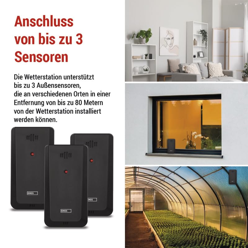 EMOS - Draadloos weerstation met 3 buitensensoren en USB-poort - thermometer, hygrometer, barometer, voorspelling, geheugen - radioklok met wekker, kalender, comfortweergave - standaard/wandhouder