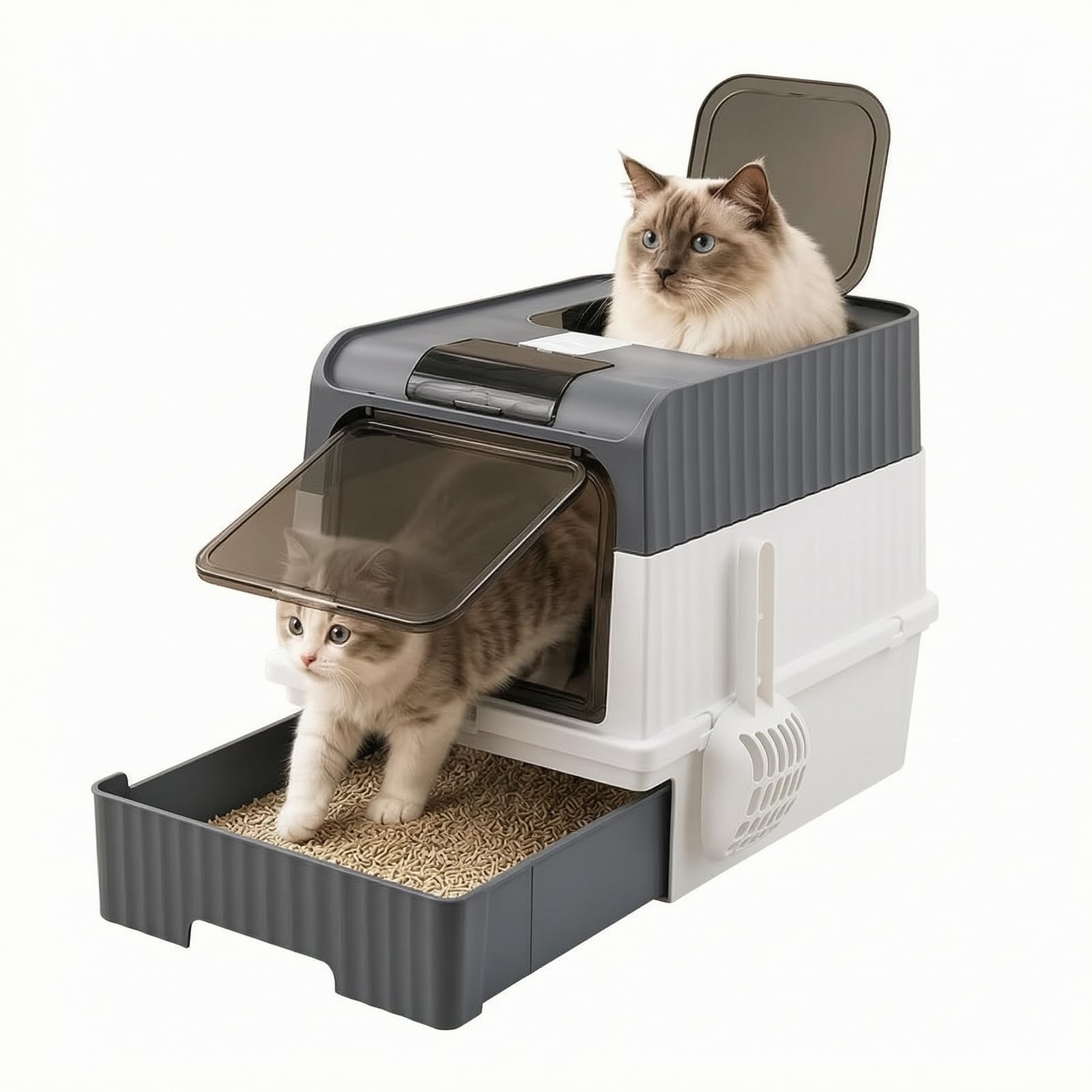 Extra Large Hooded Cat Litter Tray with Drawer, Enclosed Covered Box, Grey