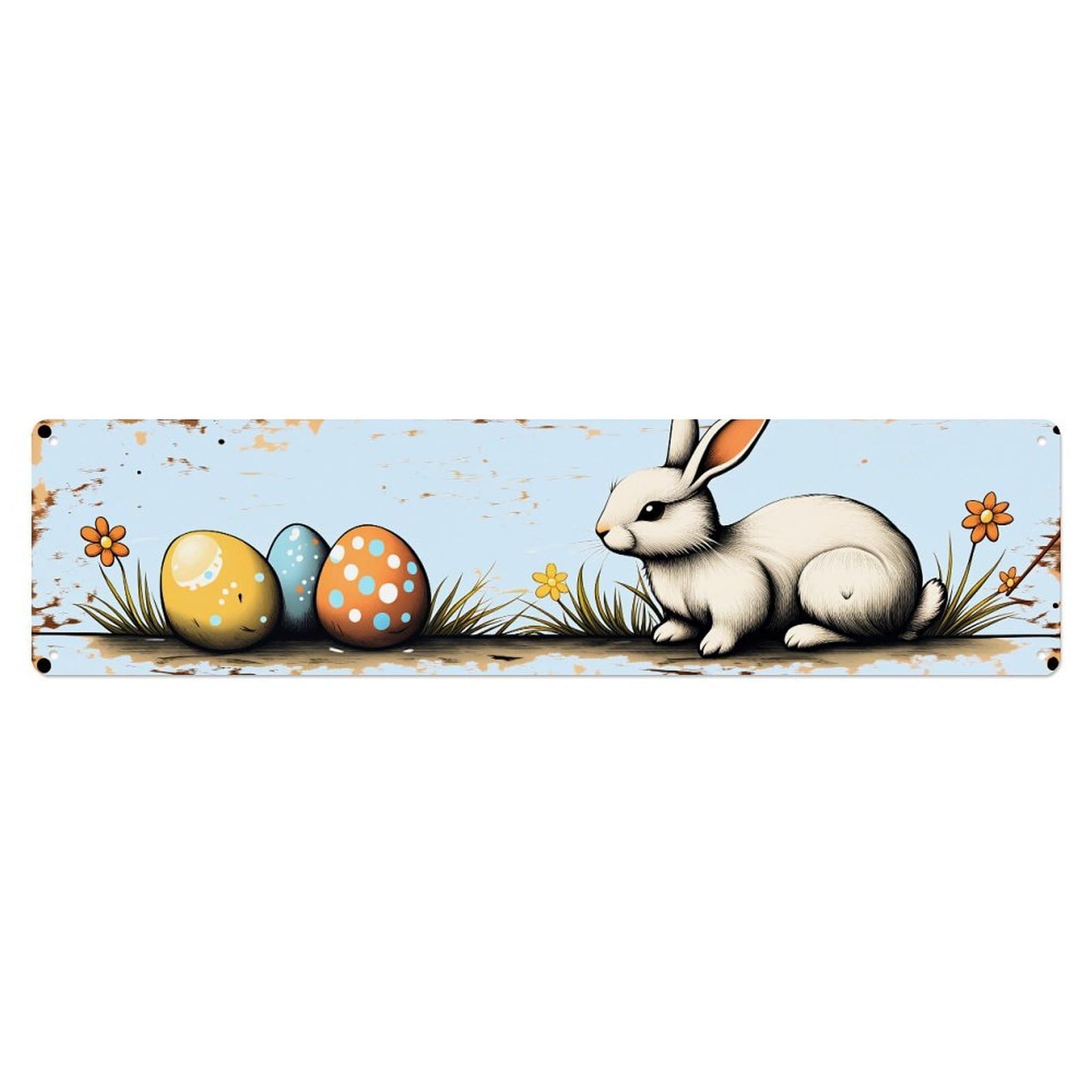 Easter Bunny Eggs Flowers Grass Tin Sign Vintage Metal Poster Retro Bar, Home, Man Cave, Kitchen, Laundry Room Wall Art Decor Gift 4x16 Inch