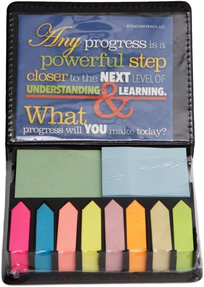 Teacher Peach "Strive for Progress" Sticky Note and Page Marker Box Set - Inspirational Holder and Organizer of Self Stick Note Cards & Book Flags - Best as Motivational Office Gift for Men or Women