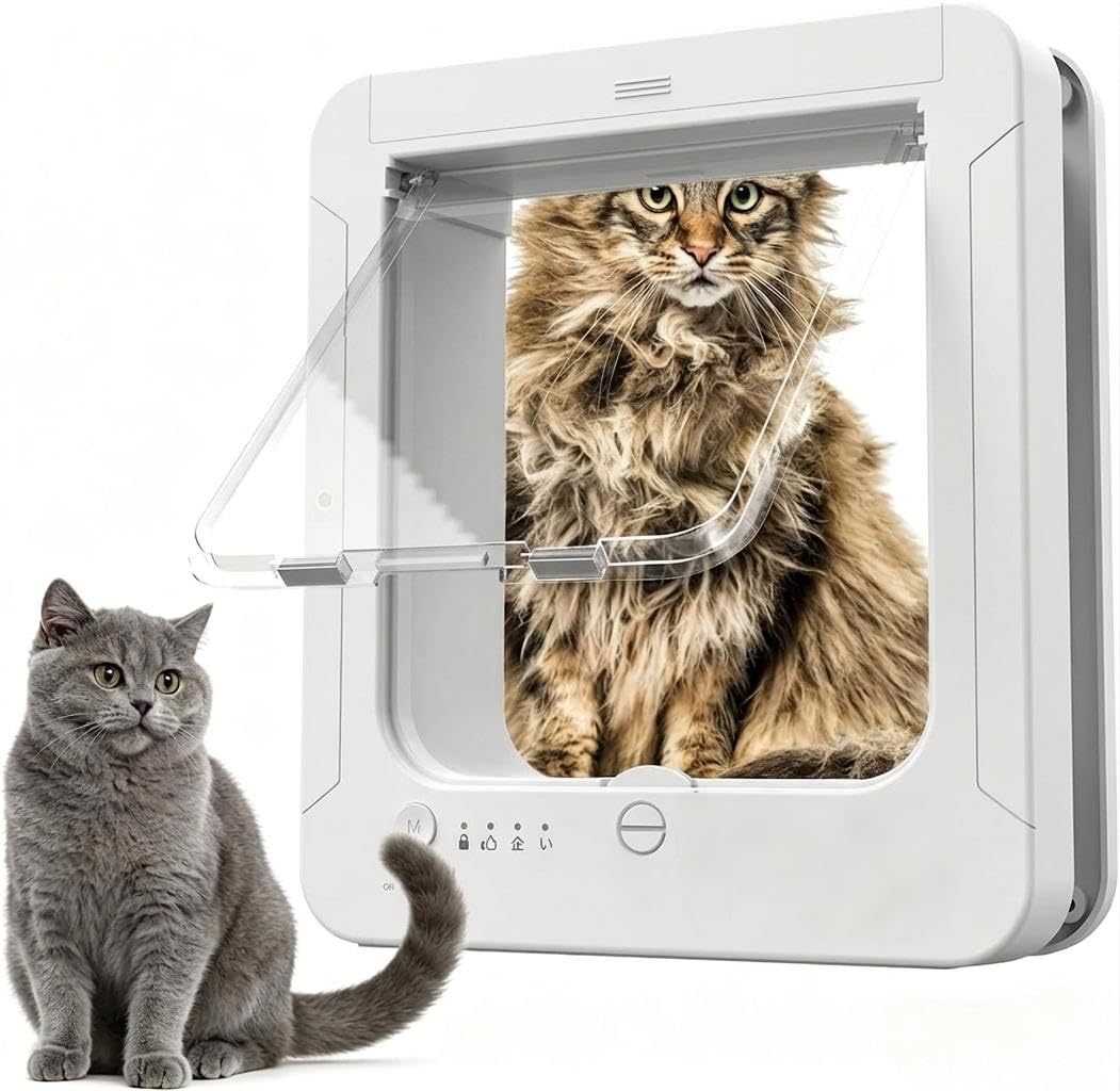 4-Way Lock with Microchip Collar Tag Weatherproof Magnetic Cat Flap Door, Black Easy Installation for Interior & Exterior Doors, Suitable for Cats and Small Dogs (White)