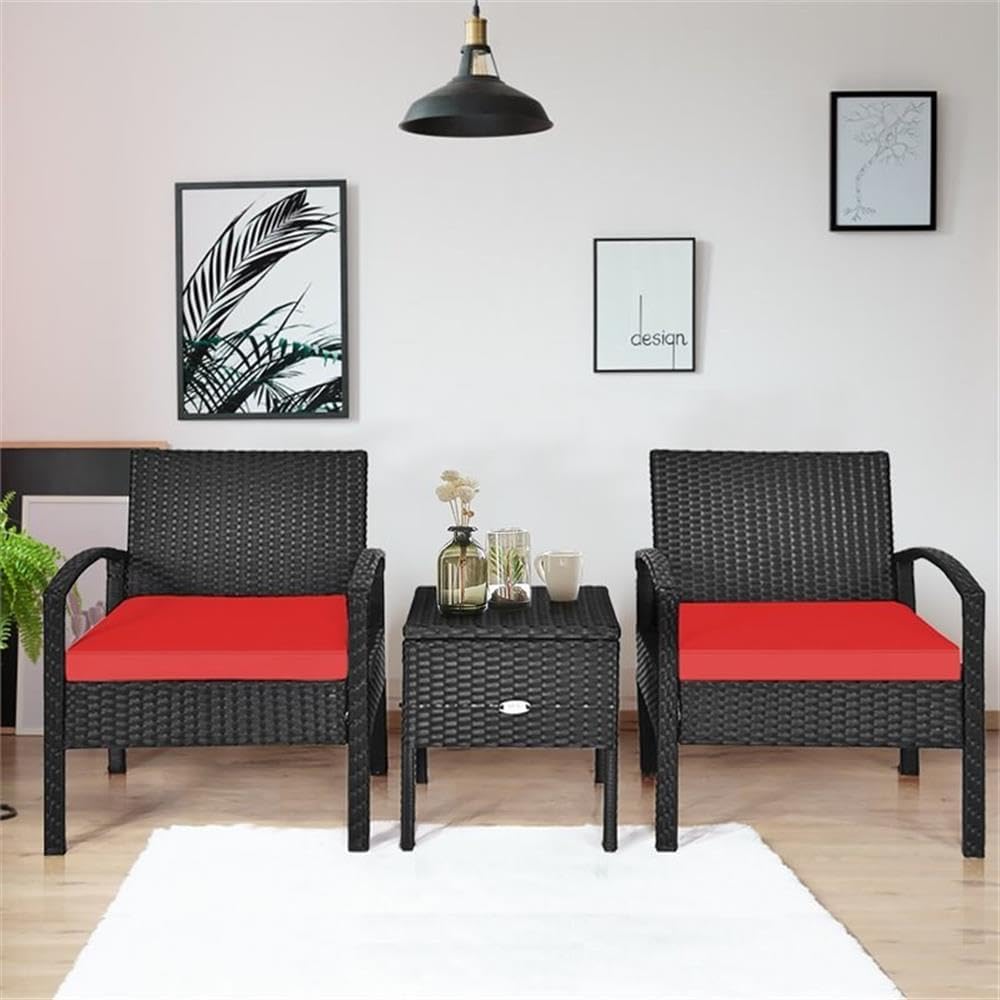 Pemberly Row 3-Piece Rattan Patio Furniture Set, Weather-Resistant PE Rattan, Red Sponge Cushions with Removable Covers, Compact Design Chairs and Coffee Table for Outdoor Patio or Balcony Use