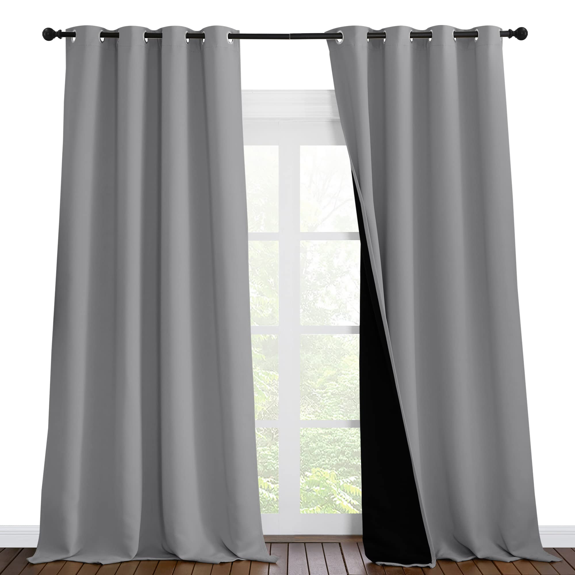 NICETOWN Total Shade Curtains and Draperies, Heavy-Duty Full Light Shading Drapes with Black Liner Backing for Villa/Hall/Dorm Window（Silver Grey, Package of 2 Panels, 55 inches Wide x 96 inches Long