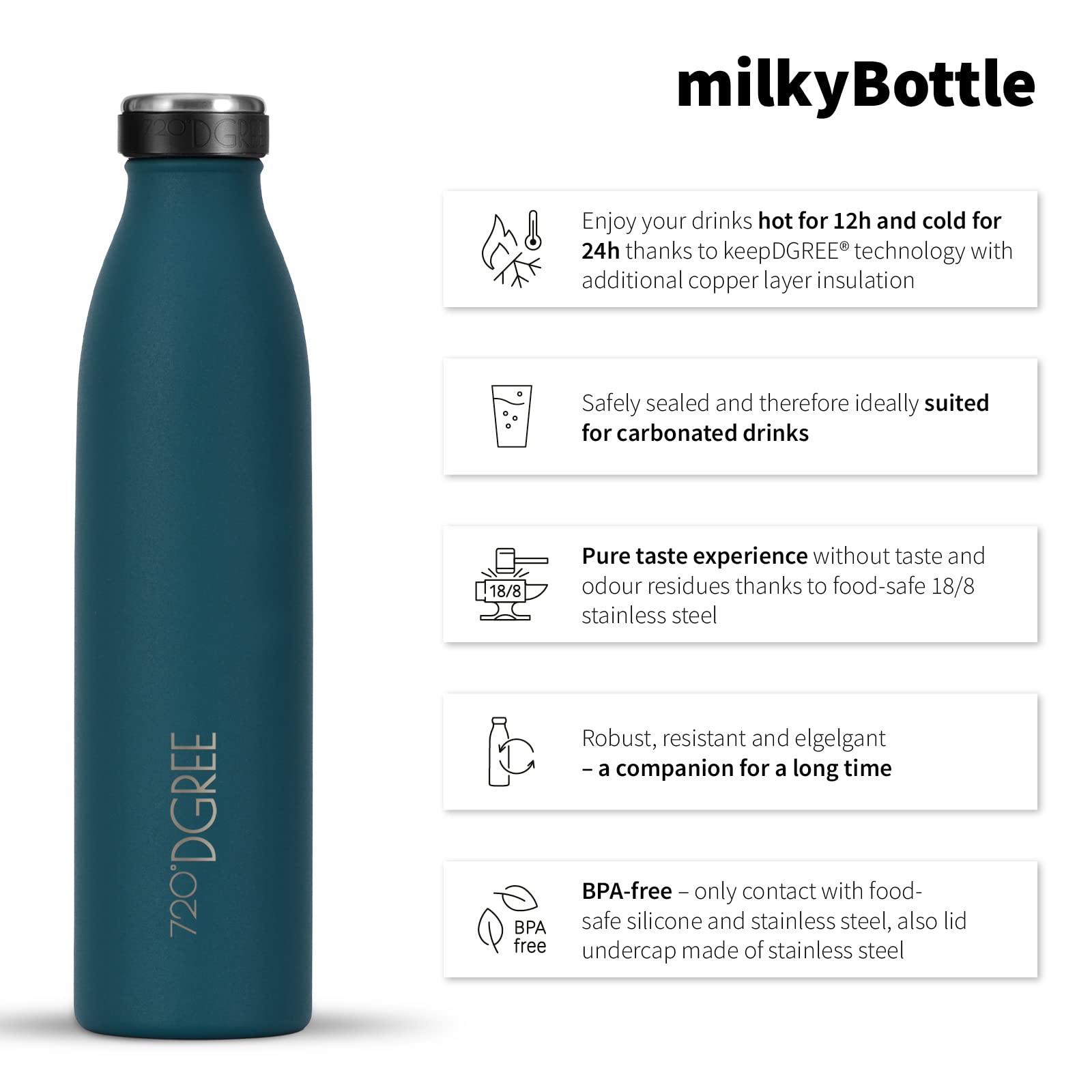 720°DGREE Gourde Acier Inoxydable "milkybottle" – 1000ml, Vert | Bouteille Isotherme d'eau | Revêtement durable parfaite pour enfants, sport, l'ecole | Isolée Qualité supérieure - 3