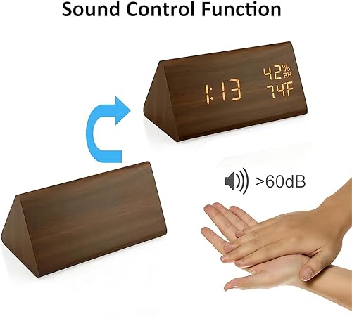 Miniatura 9 de Lancoon Reloj despertador de madera, hora, fecha, temperatura y humedad, activación de sonido de 1224 horas, 3 ajustes de alarma, brillo ajustable