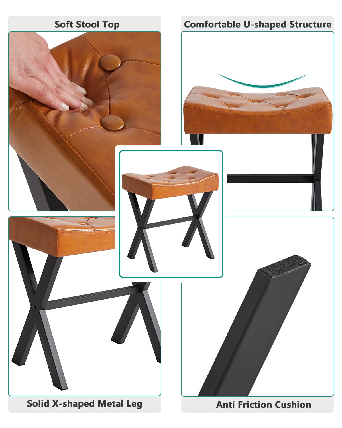 IBUYKE PU Sgabello Vanity a Forma di U con X-Leg, Poggiapiedi Ottomano Quadrato, Multi-Use Come Piccolo Tavolino per Camera da Letto, Marrone Chiaro WBD019J