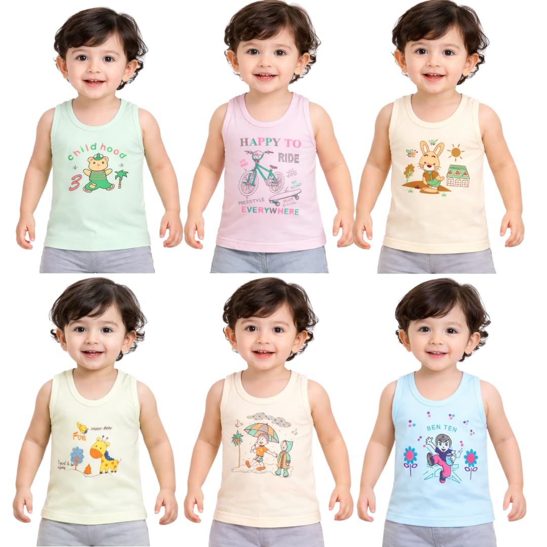 Cotton Printed Sleevless Baniyan/Vest/Sando Innerwear for Kids/Boys Pack of 6-image-28