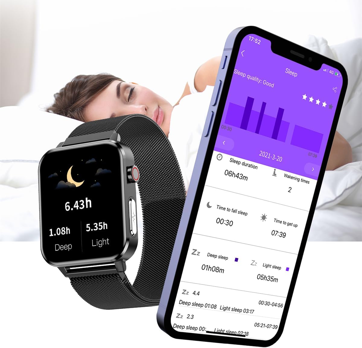 Zeit Vision Orologio intelligente Care Plus da 1,3 pollici, con ECG, frequenza cardiaca, pressione sanguigna, ossigeno nel sangue, temperatura corporea, controllo della musica, contapassi,