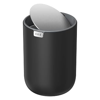 EKO Fandy 0.58 Gal/2.2L Mini Trash Can with Lid, Swing-Top Desktop Trash Can for Bathroom, Countertop, Vanity, Desk or Office, Small Garbage Bin Black