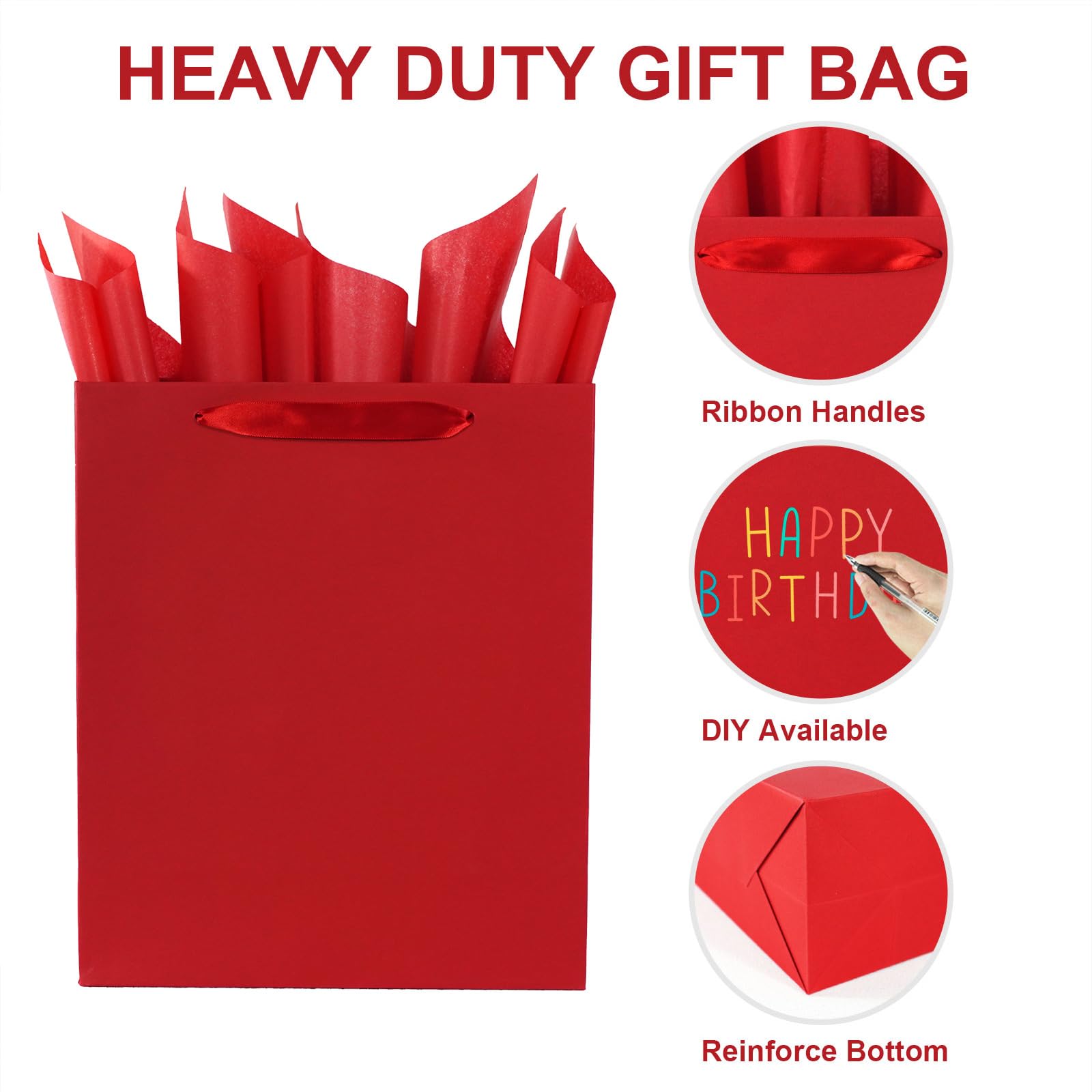 Elegant Red Gift Bag 10.2"x4.7"x12.2" with Ribbon Handles, Includes Card and Tissue Papers, Perfect for Birthdays, Weddings, Parties, Holidays, Baby Shower