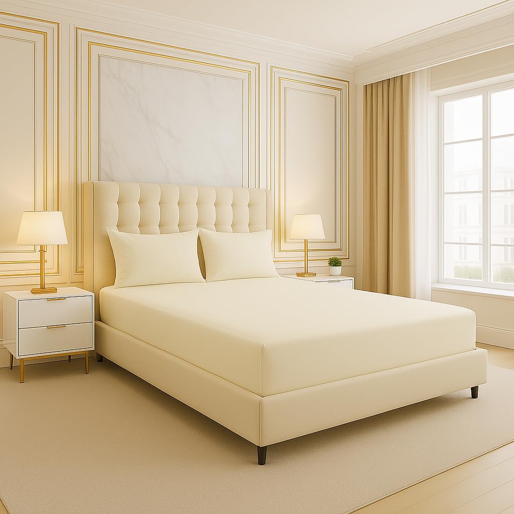 Fitted Sheet King Size Bedding Premium Quality Elasticated Corner Deep Fitted Sheet 25cm Ease Care, Soft & Comfortable, Fade Resistant Plain Poly cotton Bed Sheets 152 x 200 (Cream, King)