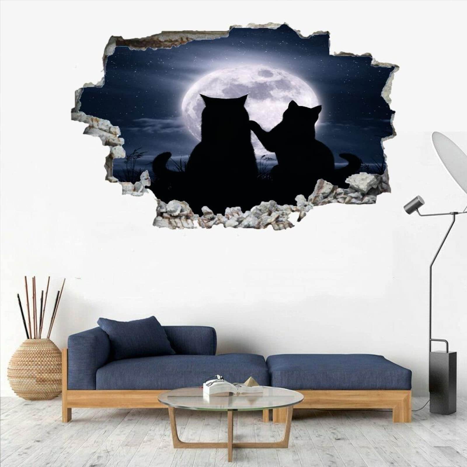 Gatto Adesivo Da Parete 3D Rimovibile Luna Decorazione Da Parete, Pavimento, Soffitto, Decalcomania Fracassata, Decorazione Artistica Sagoma Per Soggiorno, Murale 75x113cm