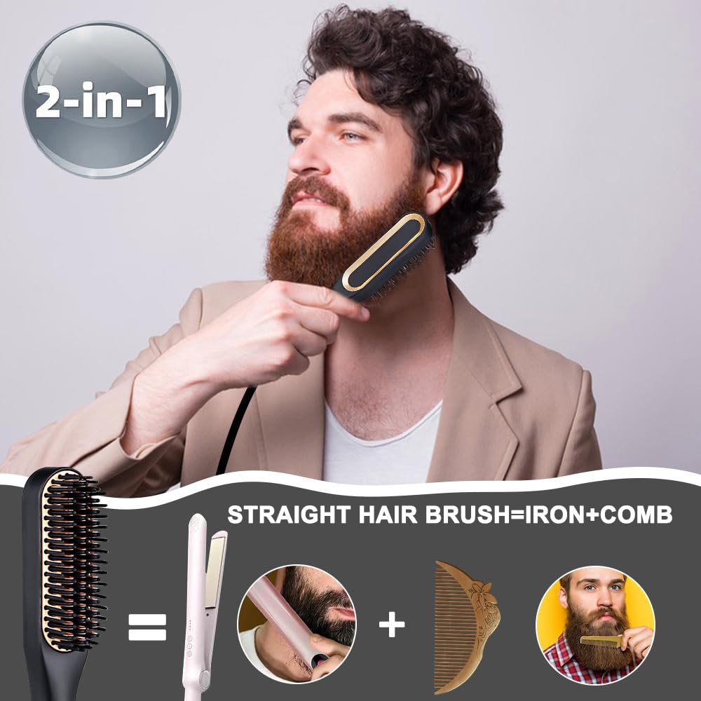 Lisseur Barbe Homme, électrique Brosse Lissante pour Cheveux, Lisseur a Barbe Homme avec 3 Réglages de Température, Chauffage Rapide, Brosse Lissante Ionique pour Stylisation et Soin de Barb