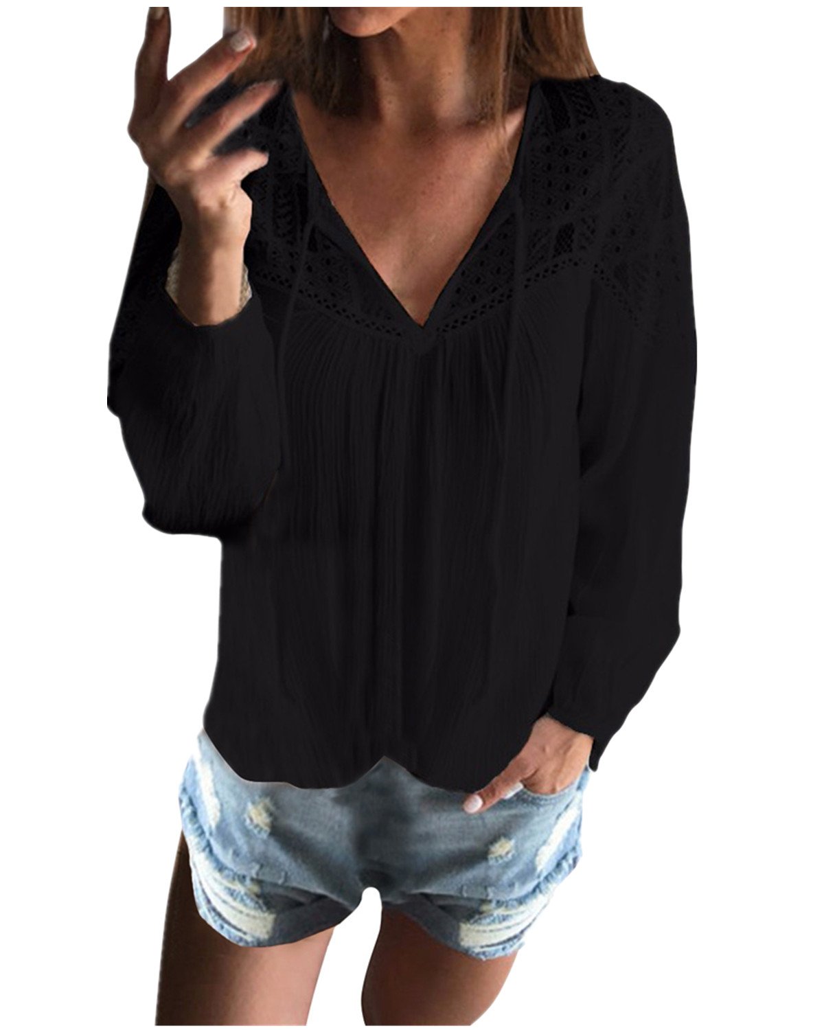 Lace Crochet Shirts for Women Long Sleeve V Neck Button Sexy Casual Loose Elegant Blouses Tops