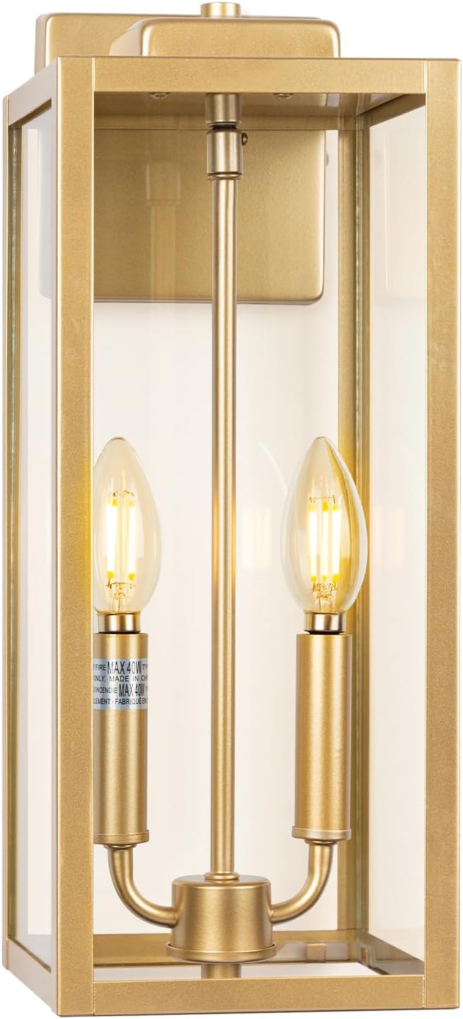 Gold 2-Light Large Outdoor Wall Lighting 16, Candle Light Square Outdoor Light Fixture IP65 Waterproof with Clear Tempered Glass Porch & Patio Light Brass Exterior Wall Sconce Lantern E12