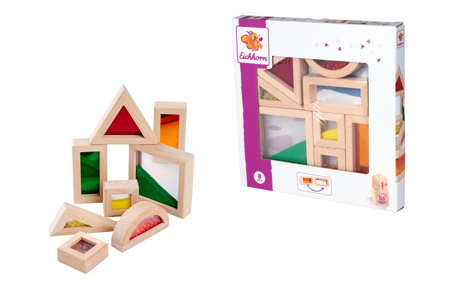 Eichhorn Blocchi da Costruzione con Finestra – 8 Pezzi Set di Elementi Colorati in Legno di faggio, con Sabbia, Sfere o Specchio, promuove sensorialità e capacità motorie, in Legno, Acrilico e ABS, a