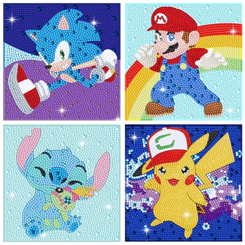 Diamond Art Kits for Kids - 4 Pack Diamond Art Painting Kits - Arts and Crafts for Kids Ages 8-12 - Dimond Art Mosaic - Craft Kits for Girls - GEM Art for Year Old Girl Boys Gifts Adults Art Supplies