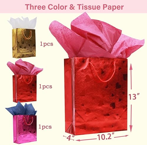 Miniatura 2 de LWBDD 3 bolsas de regalo con purpurina impresas con la forma de un corazón, adecuadas para el día de San Valentín, día de la madre, día del padre,
