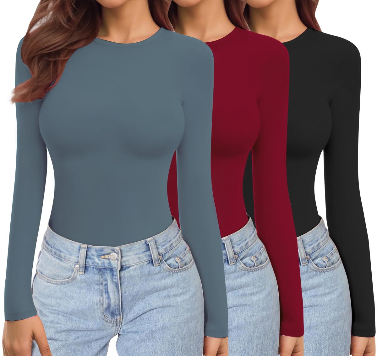 Ekouaer Donna Confezione da 3 Maglie a Maniche Lunghe Girocollo Camicie Termiche Set Elasticizzato Aderente Sottoscrubs Layer Tee XS-XXL