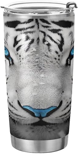 Miniatura 1 de Kigai Vaso de 20 onzas con tapa y pajilla, diseño de tigre blanco con hermosos ojos azules, de acero inoxidable, aislado al vacío, para agua, café,
