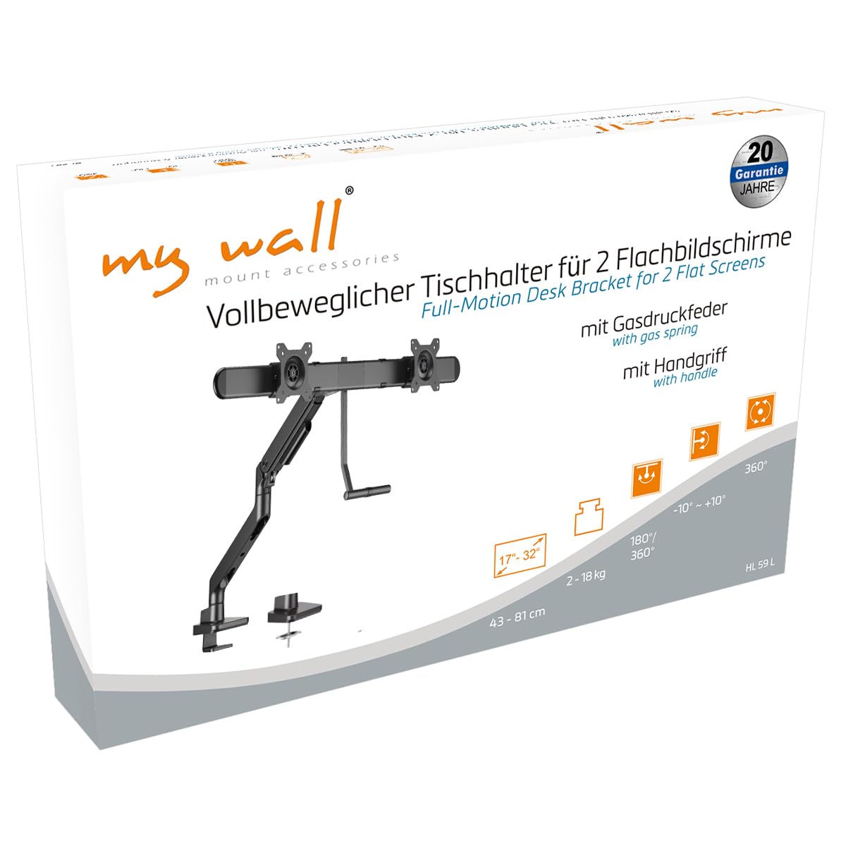 My Wall HL59L - Supporto da tavolo per monitor da 43,2 cm (17) - 81,3 cm (32), inclinabile, girevole, regolabile in altezza