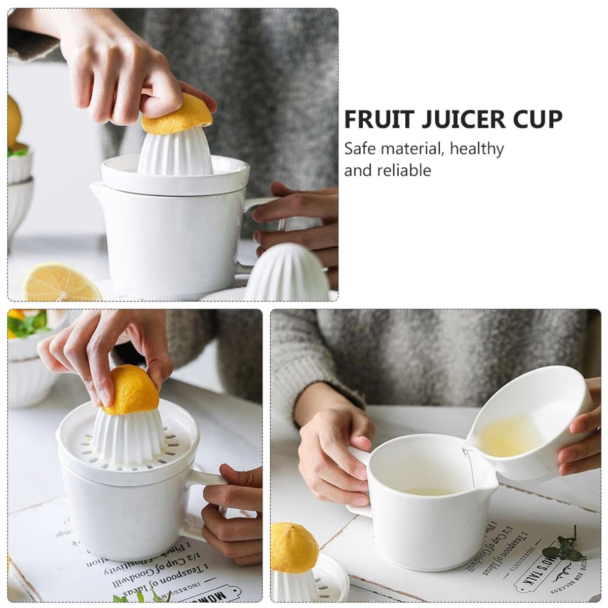 Healeved Spremiagrumi Manuale in Ceramica Bianco Tazza per Spremitura della Frutta Facile da Pulire e Estrazione Veloce del Succo per Agrumi