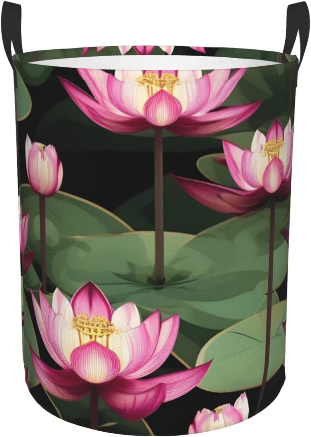 Asian Lotuâ€™s Flower Print Circular Protable Storage Bin,Basket For Laundry Hamper With Handles Bedroom Clothes