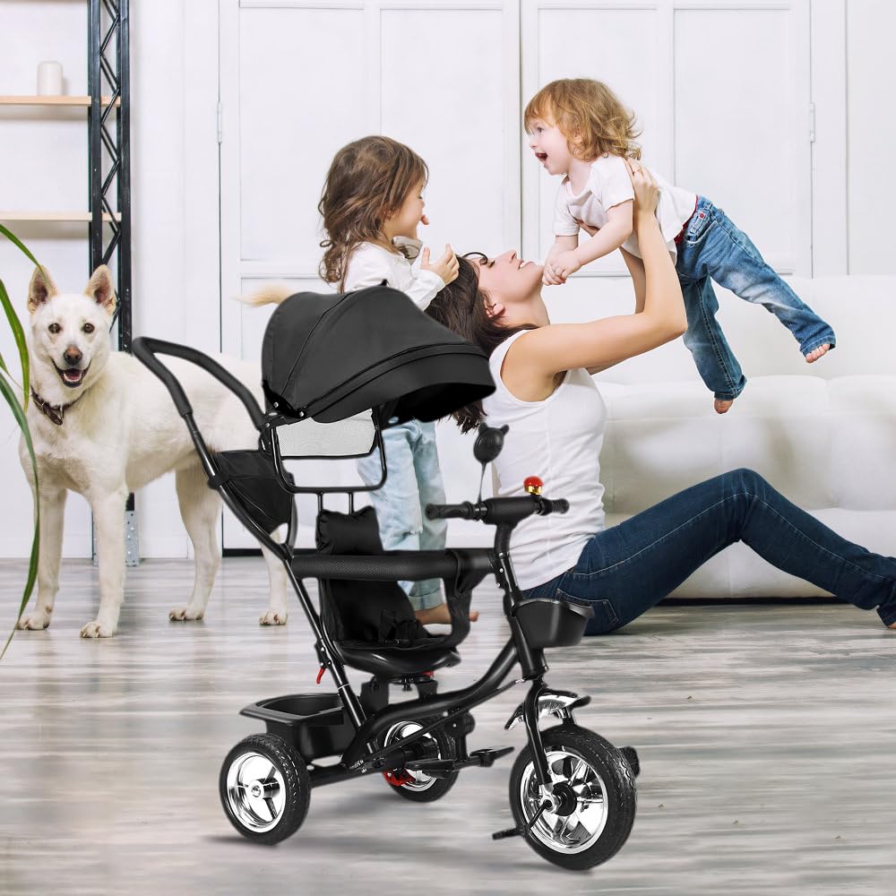 Tricycle Évolutif Bébé 4 en 1 – Poussette Canne Compacte et Multifonction, Position Allongée, Guidon Réglable, Pliable, Roues Anti-Crevaison, Jusqu’à 22 kg（Noir）