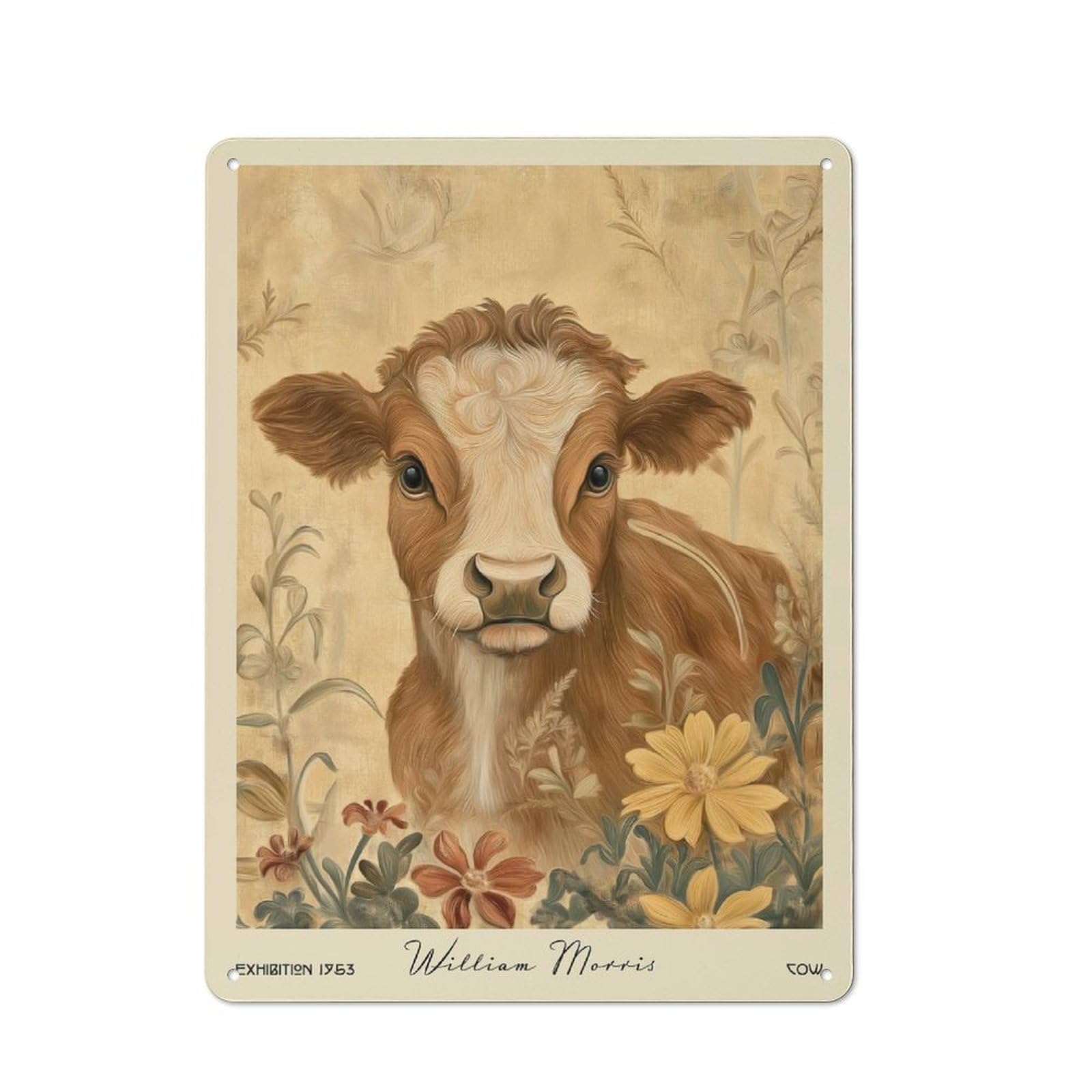 Junmoney Style-14 Industrial Metal Sign With Cow William Morris Floral Farm Design 40X30cm, Clean Industrial Urban Room Decor For Flat, Bar, Studio Or Gallery Wall
