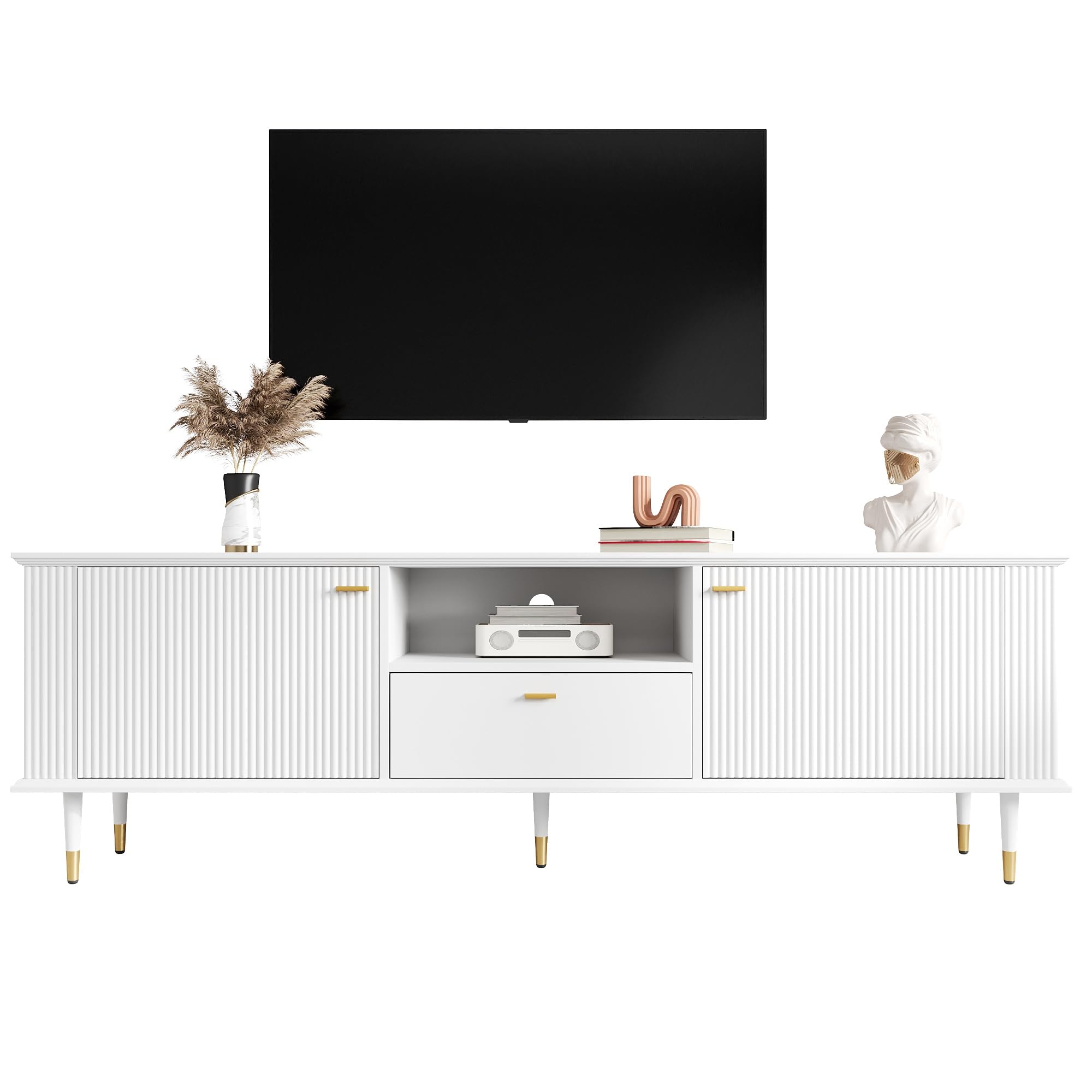 TV-Lowboard mit Soft-Close & Golddetails, 2 Türen, Schublade, Weiß