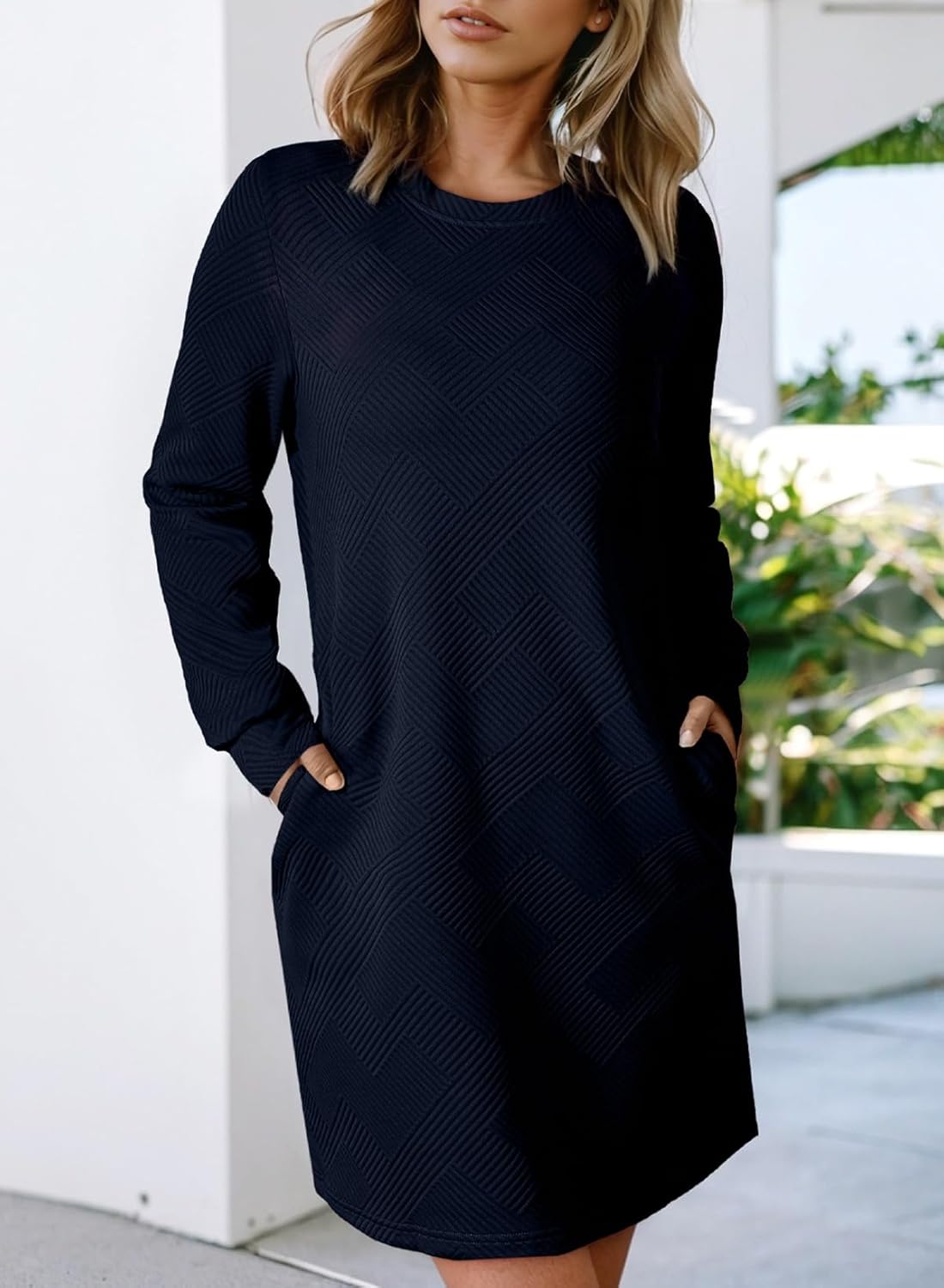 BLENCOT Womens Casual Pullover Sweatshirt Dress Crewneck Long Sleeve Trendy Fall Textured Solid Mini Dresses with Pockets - Image 7