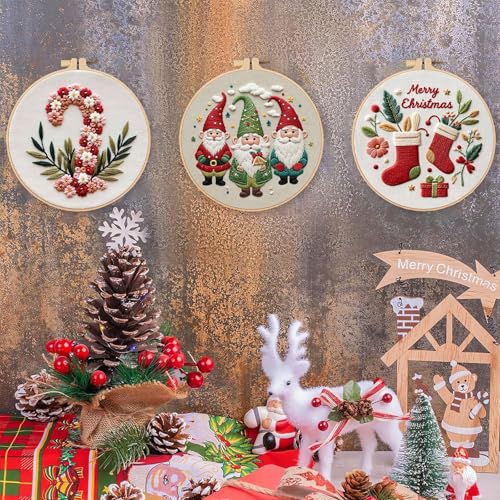 Image of LB Cute Christmas Embroidery Kit for Beginners Adults, 3 Sets Hand Embroidery Starter Kit with Gnome Pattern and Instructions Stamped Cross Stitch Kits Include Embroidery Hoop Needles Threads Scissors