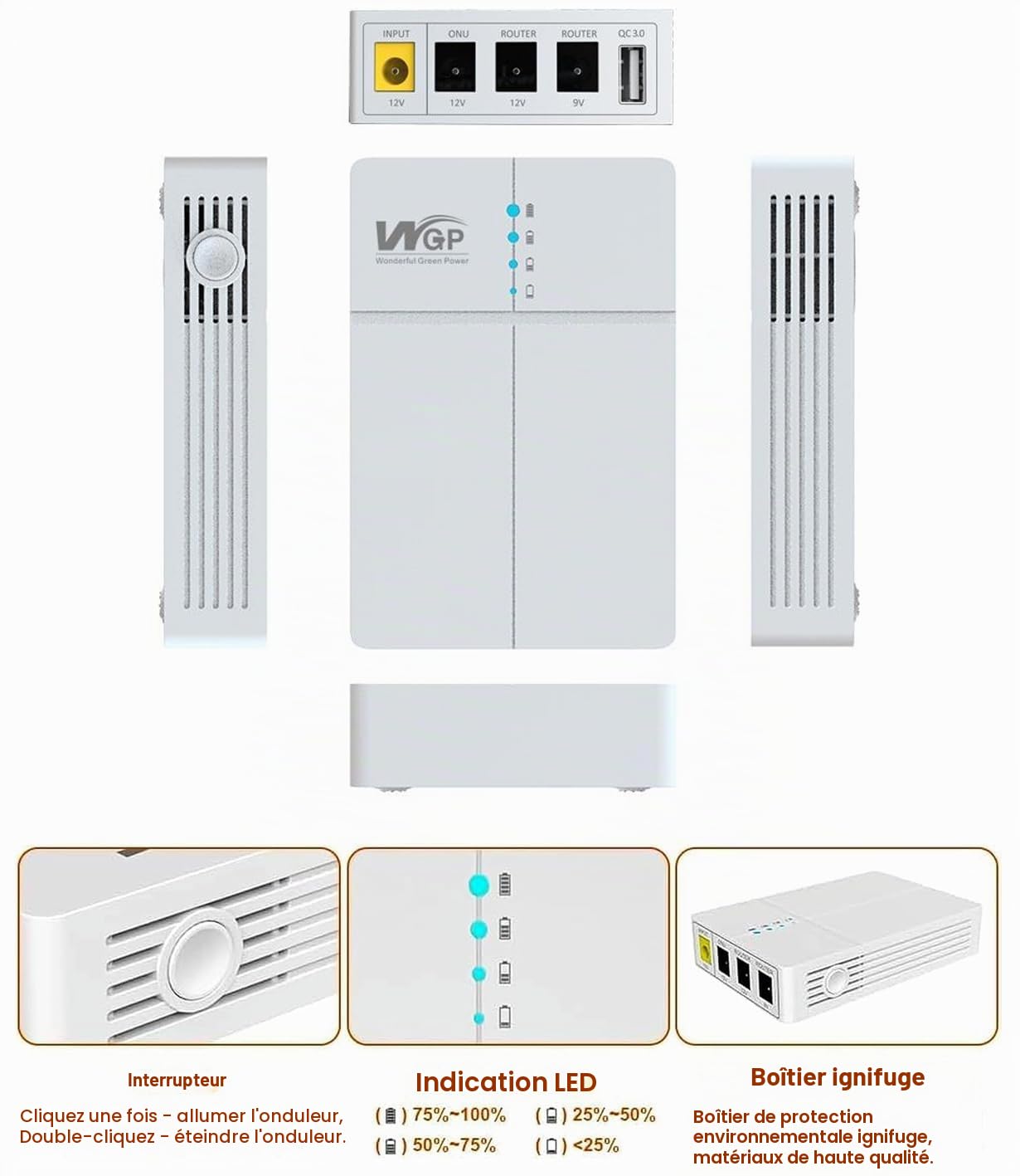 Mini UPS Onduleur Alimentation électrique sans Interruption UPS, 13500mAh Batterie de Secours Banque de Puissance Back up Battery pour routeur ONU caméra, Sortie 9V / 12V DC USB 5V QC3.0