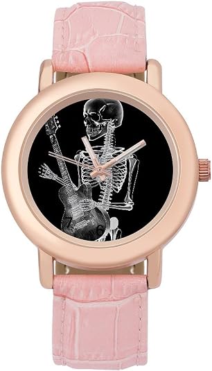 Skull Skeleton Playing Guitar Watch for Women, Cute Pink Genuine Leather Band Watch, Fashion Elegant Analog Wristwatch, Precise Time, Adjustable Strap Dress Watches for Work Casual Daily
