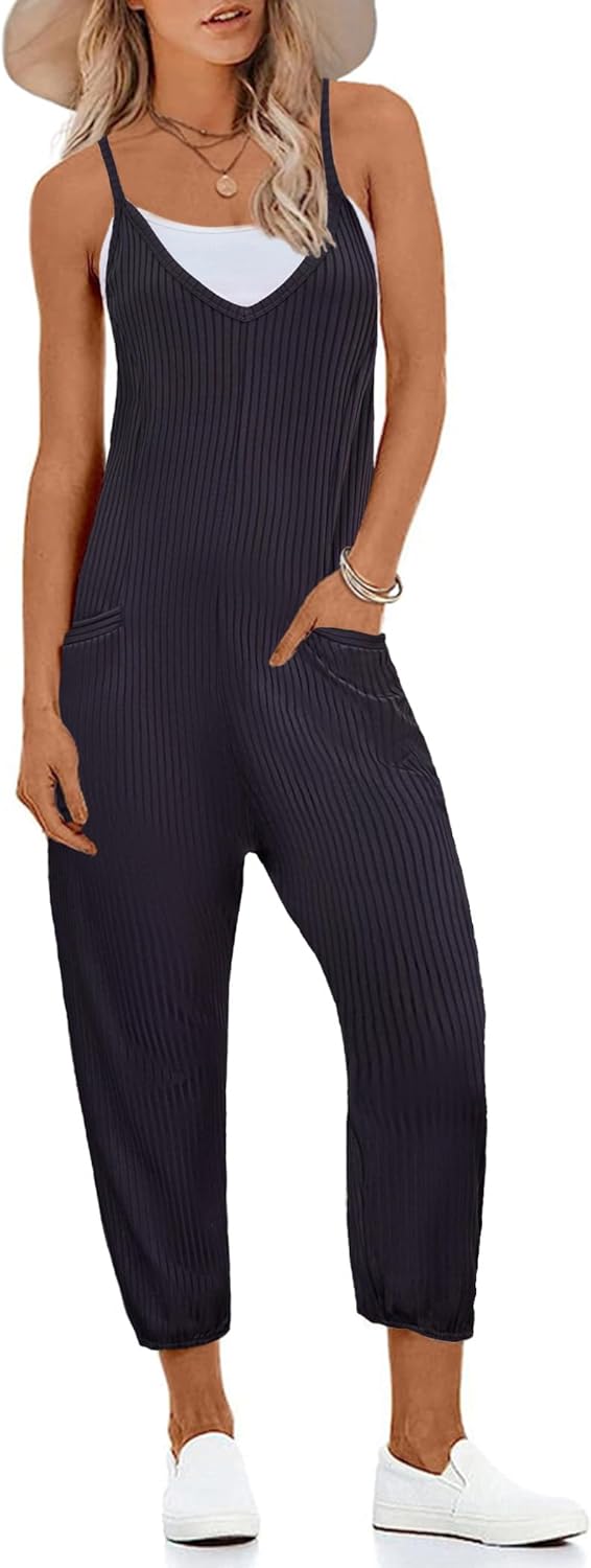 Ekouaer Jumpsuits for Women Sleeveless Spaghetti Strap Ribbed Overall Jumpsuit V Neck Summer Romper with Pockets 2025