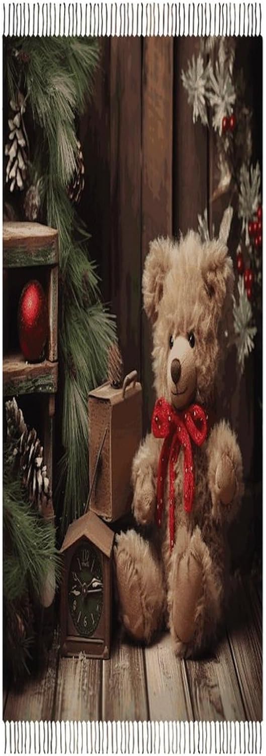 Xmas Tree Branch Bear Doll Scarf for Women Men Soft Warm Fashion Blanket Scarves Classic Cashmere Feel Scarf Long Shawl Large Scarves Cold Weather Thick Blanket Scarfs